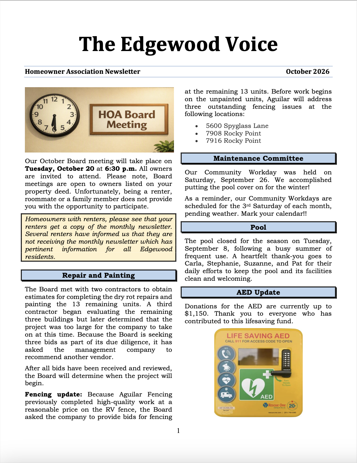 First page of the October 2026 Edgewood Voice HOA newsletter, covering the October 20 board meeting, pending dry-rot repairs and painting of 13 units, fencing projects, community workday updates, pool closure, and AED fundraising.