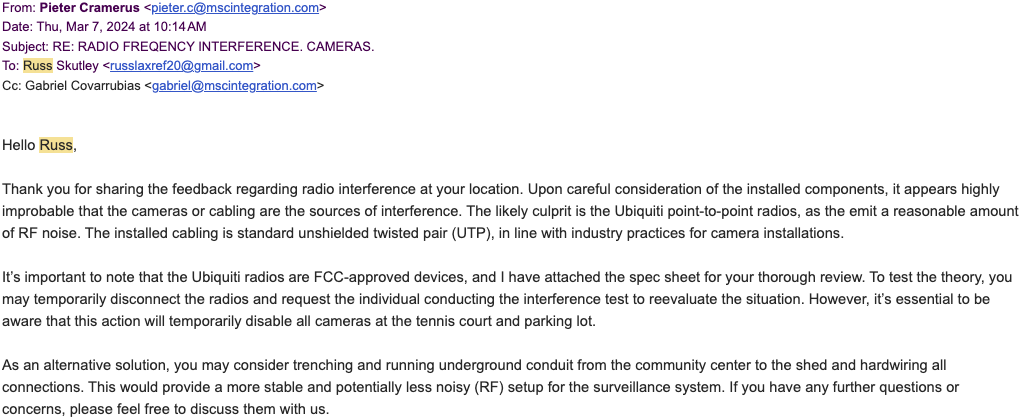 Email suggesting trenching and undergrounding conduit