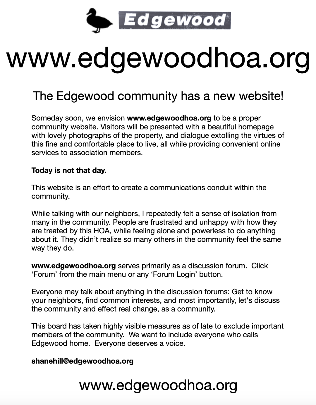 Announcement flyer for the www.edgewoodhoa.org website, an effort to create a communications channel within the community. The Edgewood Board has taken highly visible measures to exlcude important members of the community.
