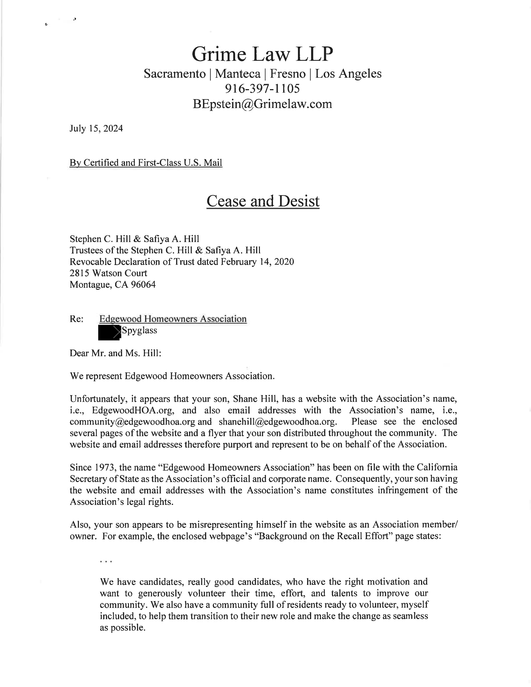 Edgewood HOA in Citrus Heights, CA sent a cease and desist attorney letter against the edgewoodhoa.org community website and public forum. Page 1.