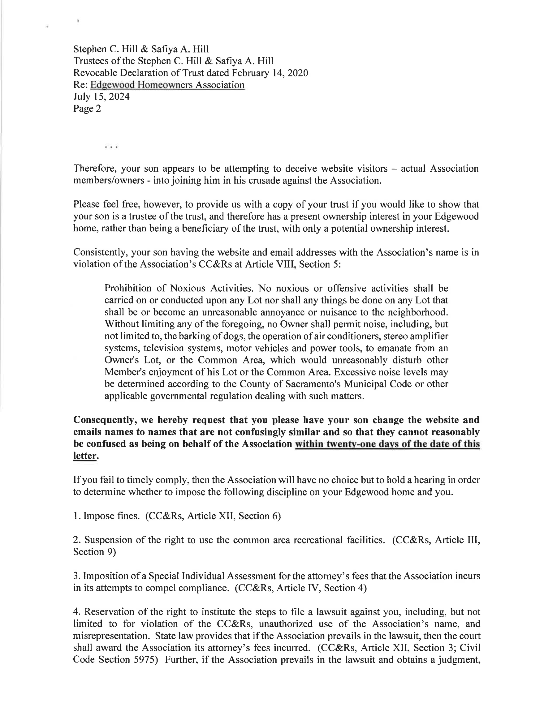 Edgewood HOA cease and desist attorney letter against the edgewoodhoa.org community website and public forum. Page 2.