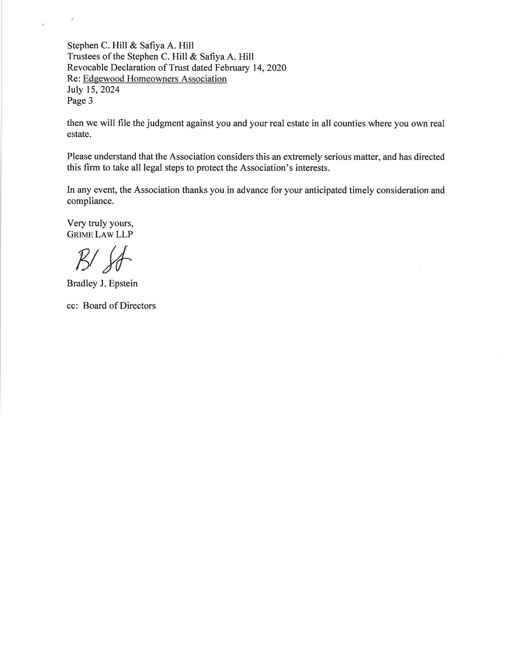 Edgewood HOA cease and desist attorney letter against the edgewoodhoa.org community website and public forum. Page 3.