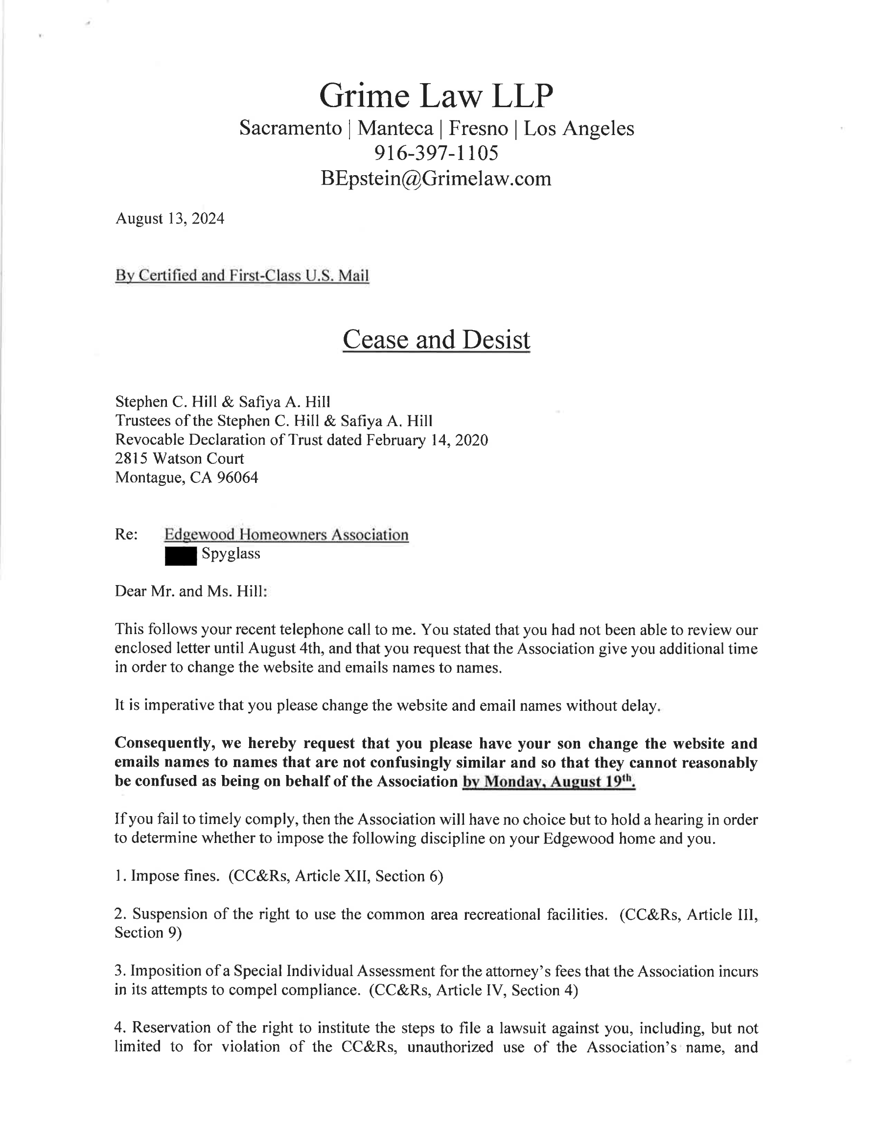 First page of a cease and desist letter from Grime Law LLP to Stephen C. Hill and Safiya A. Hill, Trustees, dated August 13, 2024. The letter references the Edgewood Homeowners Association and demands that the recipients change a website and email names that are allegedly confusingly similar to the Association's by August 19th. It lists potential disciplinary actions including fines, suspension of recreational facility use, a special individual assessment for attorney's fees, and the right to file a lawsuit for CC&R violations, unauthorized use of the Association's name, and misrepresentation.
