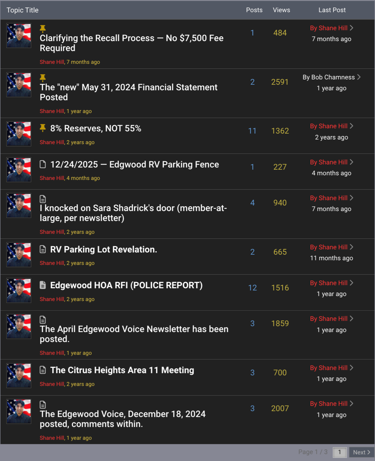 Bob Chamness's forum post taking responsibility for raising the reserve shortfall issue at a September HOA meeting. He notes a reserve study recommended a $4,167 immediate special assessment per unit (108 units total) and that the previously cited 55.5% reserve figure was incorrect. He compares himself to the child saying 