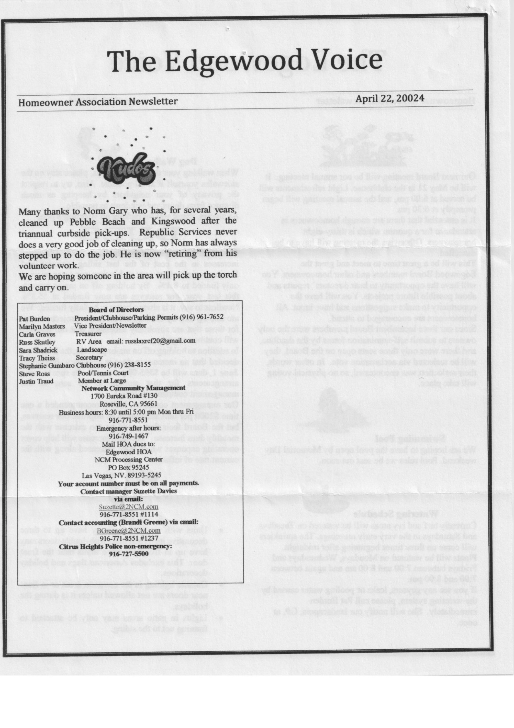 Second page of the April 22, 2024 Edgewood Voice HOA newsletter showing volunteer appreciation for neighborhood cleanup efforts, HOA board member and management contact information, mailing addresses, emergency phone numbers, and Citrus Heights Police non-emergency contact details.