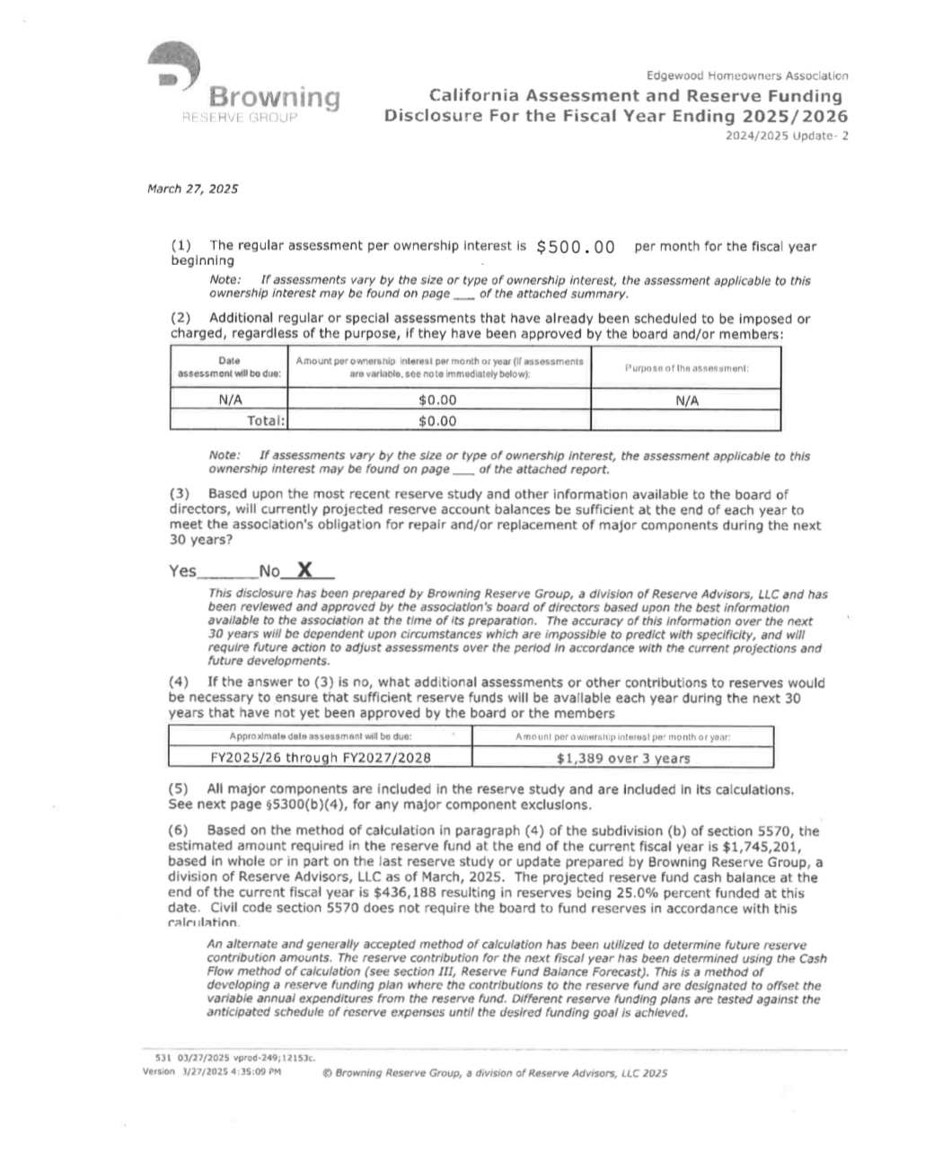Archived Browning Reserve Group California Assessment and Reserve Funding Disclosure for Edgewood Homeowners Association, fiscal year ending 2025/2026. The first page lists $500 monthly assessments, indicates projected reserve balances are not sufficient for 30 years of obligations, and references approximately $1,389 per ownership interest over three years to address reserve funding needs.