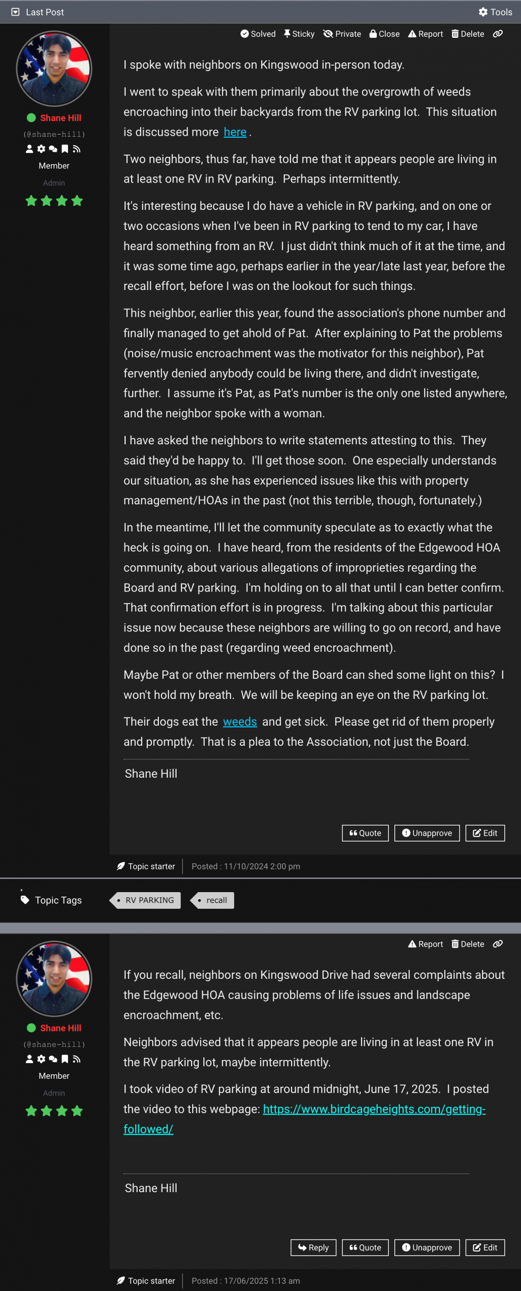 October 11, 2024 · 11:55 p.m. An image of a forum post describing a short nighttime drive-through footage of the RV parking area adjacent to Kingswood Drive. The video briefly depicts illuminated recreational vehicles connected to visible extension power cords within the gated storage area. Community concerns regarding nighttime activity, noise, and possible overnight occupancy were discussed publicly by nearby residents during this period.