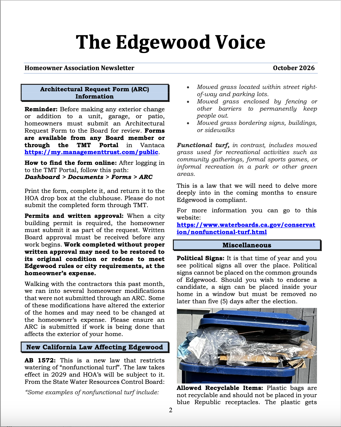 Page two of the October 2026 Edgewood Voice HOA newsletter. The Board reminds homeowners that exterior modifications to units, garages, and patios require an Architectural Request Form (ARC), applicable building permits, and written Board approval before work begins. Unapproved modifications may require correction at the homeowner's expense. The newsletter introduces California AB 1572, explaining restrictions on potable-water irrigation of nonfunctional turf in HOA common areas beginning in January 2029, including certain decorative lawns and grass bordering sidewalks or buildings. Additional notices prohibit political signs on common grounds, require window-displayed political signs to be removed within five days after an election, and remind residents not to place plastic bags, hoses, clothing, or hangers in recycling containers.