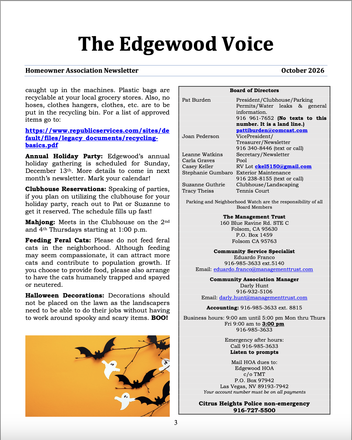 Page three of the October 2026 Edgewood Voice HOA newsletter, featuring community announcements, seasonal reminders, and association contact information. Residents are reminded to keep plastic bags, hoses, clothing, and hangers out of recycling bins. The newsletter announces the annual holiday party scheduled for December 13, encourages early clubhouse reservations, and lists Mahjong gatherings on the second and fourth Thursdays at 1:00 p.m. Additional notices discourage feeding feral cats without arranging humane trapping and sterilization and request that Halloween decorations be kept off lawns to accommodate landscapers. The page also provides the names and responsibilities of eight HOA Board members, contact information for The Management Trust, management office hours, emergency assistance instructions, HOA payment mailing information, and the Citrus Heights Police non-emergency number.