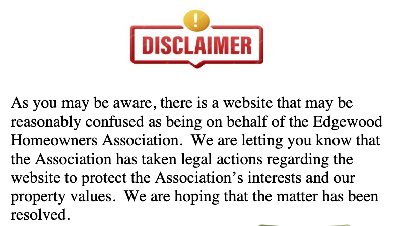 Infringement claims by Edgewood HOA in their newsletter